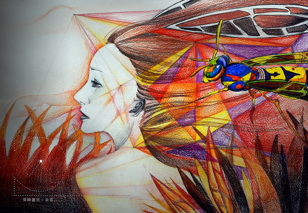 創意表現：《火鶴與少女》，作者：采蓉，媒材：色鉛筆。