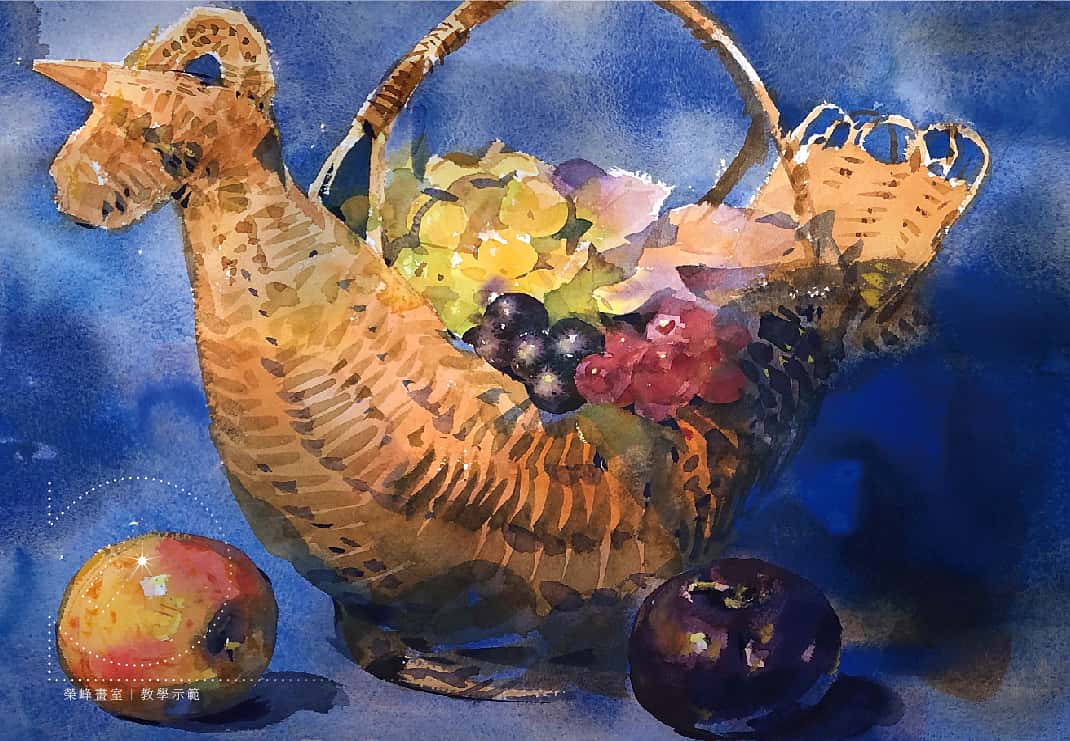公雞造型藤編籃水果靜物組-水彩畫