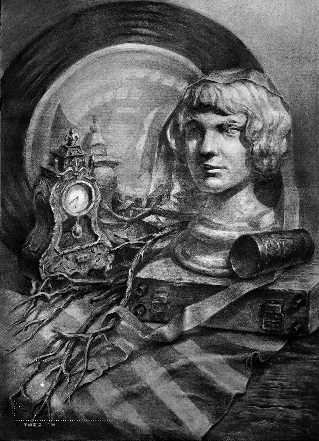 炭筆素描：《有法國少女石膏像的靜物組寫生》，作者：芯妤。